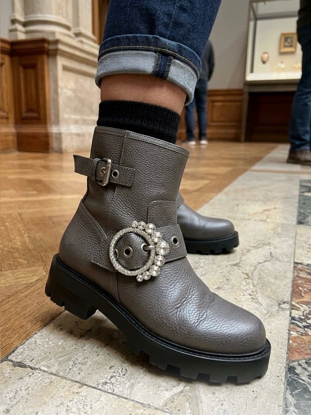 Karl Lagerfeld Gray Pebble Leather Crystal Buckle Ankle Boots(Moto/combat) 8.5